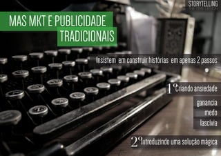 STORYTELLING
the time design

MAS MKT E PUBLICIDADE
TRADICIONAIS
Insistem em construir histórias em apenas 2 passos

1ºCriando ansiedade
ganancia
medo
lascívia

2ºIntroduzindo uma solução mágica

 