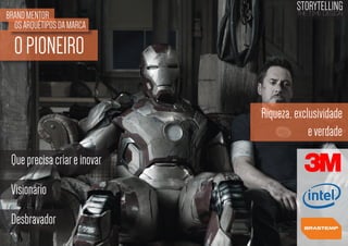 BRAND MENTOR
OS ARQUÉTIPOS DA MARCA

STORYTELLING
the time design

O PIONEIRO
Riqueza, exclusividade
e verdade
Que precisa criar e inovar
Visionário
Desbravador

 