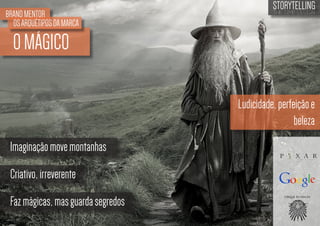 BRAND MENTOR
OS ARQUÉTIPOS DA MARCA

STORYTELLING
the time design

O MÁGICO
Ludicidade, perfeição e
beleza
Imaginação move montanhas
Criativo, irreverente
Faz mágicas, mas guarda segredos

 