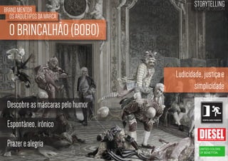 BRAND MENTOR
OS ARQUÉTIPOS DA MARCA

STORYTELLING
the time design

O BRINCALHÃO (BOBO)
Ludicidade, justiça e
simplicidade
Descobre as máscaras pelo humor
Espontâneo, irônico
Prazer e alegria

 
