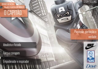 BRAND MENTOR
OS ARQUÉTIPOS DA MARCA

STORYTELLING
the time design

O CAPITÃO
Plenitude, perfeição e
verdade
Idealista e focado
Força e coragem
Empoderador e inspirador

 