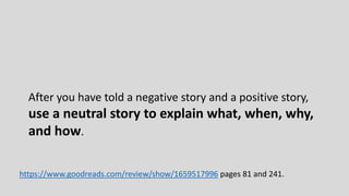 After you have told a negative story, follow up
with a positive story that shows how
to solve the problem.
https://www.goodreads.com/review/show/1659517996 pages 81 and 241.
 