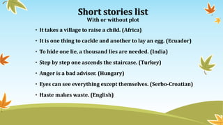 Short stories list
With or without plot
• It takes a village to raise a child. (Africa)
• It is one thing to cackle and another to lay an egg. (Ecuador)
• To hide one lie, a thousand lies are needed. (India)
• Step by step one ascends the staircase. (Turkey)
• Anger is a bad adviser. (Hungary)
• Eyes can see everything except themselves. (Serbo-Croatian)
• Haste makes waste. (English)
 