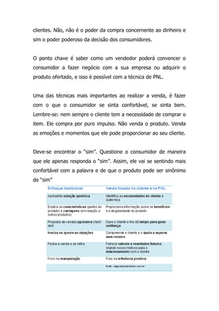 clientes. Não, não é o poder da compra concernente ao dinheiro e
sim o poder poderoso da decisão dos consumidores.
O ponto chave é saber como um vendedor poderá convencer o
consumidor a fazer negócio com a sua empresa ou adquirir o
produto ofertado, e isso é possível com a técnica de PNL.
Uma das técnicas mais importantes ao realizar a venda, é fazer
com o que o consumidor se sinta confortável, se sinta bem.
Lembre-se: nem sempre o cliente tem a necessidade de comprar o
item. Ele compra por puro impulso. Não venda o produto. Venda
as emoções e momentos que ele pode proporcionar ao seu cliente.
Deve-se encontrar o “sim”. Questione o consumidor de maneira
que ele apenas responda o “sim”. Assim, ele vai se sentindo mais
confortável com a palavra e de que o produto pode ser sinônimo
de “sim”
 