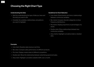 Choosingthe Right ChartType
Understanding the Data
Start by understanding the type of data you have and
the story you want to tell.
Consider the variables, relationships, and patterns
you want to highlight.
•
•
Guidelines for Chart Selection
Line charts: Show trends over time or relationships
between continuous variables.
Bar charts: Compare discrete categories or show
frequency distributions.
Pie charts: Display proportions or percentages of a
whole.
Scatter plots: Show relationships between two
continuous variables.
Area charts: Highlight cumulative totals or stacked
data.
•
•
•
•
•
Examples
Line chart: Visualize sales revenue over time.
Bar chart: Compare sales performance of different products.
Pie chart: Display market share of different competitors.
Scatter plot: Show the relationship between advertising spend and sales.
Area chart: Highlight cumulative website traffic over a month.
•
•
•
•
•
 