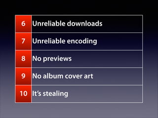 6 Unreliable downloads
7 Unreliable encoding
8 No previews
9 No album cover art
10 It’s stealing

 