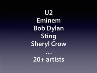 U2
Eminem
Bob Dylan
Sting
Sheryl Crow
…
20+ artists

 