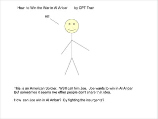 How to Win the War in Al Anbar

by CPT Trav

HI!

This is an American Soldier. We'll call him Joe. Joe wants to win in Al Anbar
But sometimes it seems like other people don't share that idea.
How can Joe win in Al Anbar? By fighting the insurgents?

 
