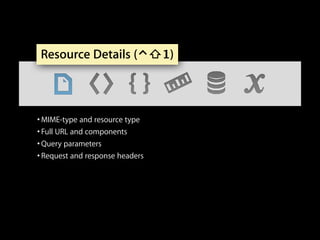 Resource Details (⌃⇧1)

• MIME-type and resource type
• Full URL and components
• Query parameters
• Request and response headers

 