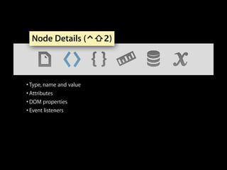 Node Details (⌃⇧2)

• Type, name and value
• Attributes
• DOM properties
• Event listeners

 