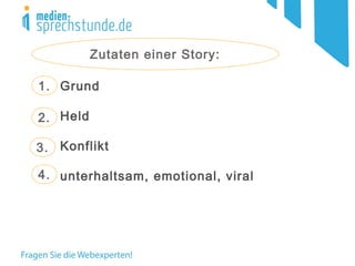 1.
4.
3.
2.
Grund
Held
Konflikt
unterhaltsam, emotional, viral
Zutaten einer Story:
 