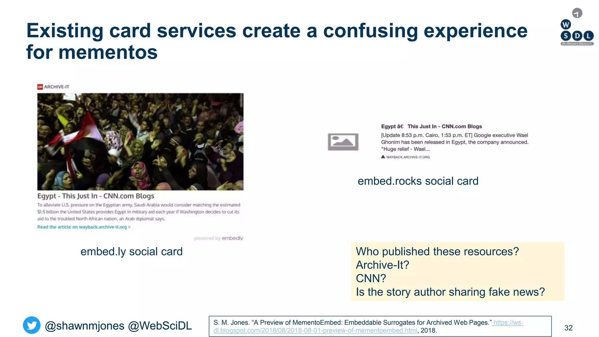 @shawnmjones @WebSciDL@shawnmjones @WebSciDL
Existing card services create a confusing experience
for mementos
32
Who published these resources?
Archive-It?
CNN?
Is the story author sharing fake news?
S. M. Jones. “A Preview of MementoEmbed: Embeddable Surrogates for Archived Web Pages.” https://ws-
dl.blogspot.com/2018/08/2018-08-01-preview-of-mementoembed.html, 2018.
embed.rocks social card
embed.ly social card
 