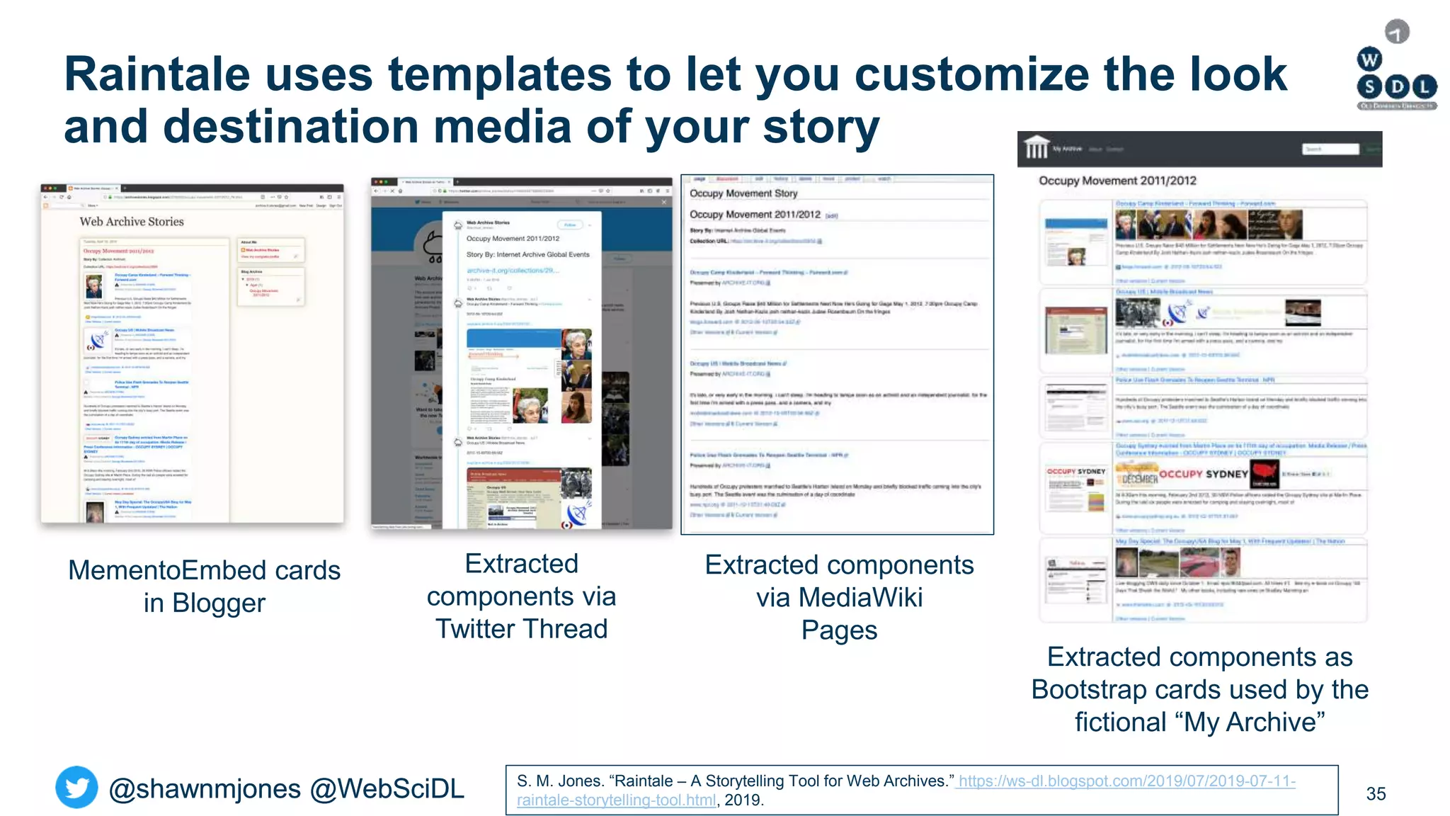 @shawnmjones @WebSciDL@shawnmjones @WebSciDL
Raintale uses templates to let you customize the look
and destination media of your story
35
Extracted components as
Bootstrap cards used by the
fictional “My Archive”
MementoEmbed cards
in Blogger
Extracted
components via
Twitter Thread
Extracted components
via MediaWiki
Pages
S. M. Jones. “Raintale – A Storytelling Tool for Web Archives.” https://ws-dl.blogspot.com/2019/07/2019-07-11-
raintale-storytelling-tool.html, 2019.
 