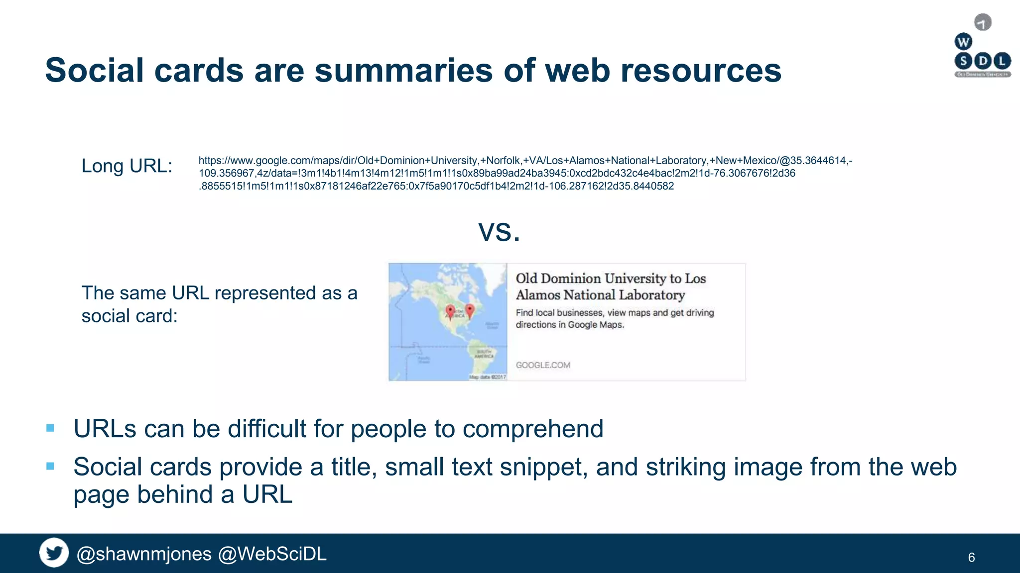 @shawnmjones @WebSciDL@shawnmjones @WebSciDL
Social cards are summaries of web resources
 URLs can be difficult for people to comprehend
 Social cards provide a title, small text snippet, and striking image from the web
page behind a URL
6
https://www.google.com/maps/dir/Old+Dominion+University,+Norfolk,+VA/Los+Alamos+National+Laboratory,+New+Mexico/@35.3644614,-
109.356967,4z/data=!3m1!4b1!4m13!4m12!1m5!1m1!1s0x89ba99ad24ba3945:0xcd2bdc432c4e4bac!2m2!1d-76.3067676!2d36
.8855515!1m5!1m1!1s0x87181246af22e765:0x7f5a90170c5df1b4!2m2!1d-106.287162!2d35.8440582
Long URL:
vs.
The same URL represented as a
social card:
 