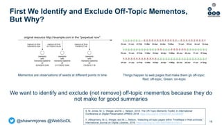 @shawnmjones @WebSciDL@shawnmjones @WebSciDL
First We Identify and Exclude Off-Topic Mementos,
But Why?
We want to identif...