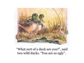 “ What sort of a duck are you?”, said two wild ducks.  “You are so ugly” .  