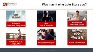 www.kompetenzzentrum-kommunikation.de
Held
 z.B. Kund/-in
Authentizität
 Ehrlich, Zitate
Relevanz
 Inhalte, Zielgruppe
14
Was macht eine gute Story aus?
Herausforderungen
Emotionen, z.B.
Angst, Mut
kurz & verständlich
 
