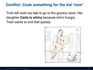 Conﬂict: Cook something for the kid *now*

 Trish left work too late to go to the grocery store. Her
 daughter Carla is wh...