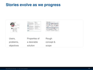 Stories evolve as we progress




      Users,                           Properties of   Rough
      problems,            ...