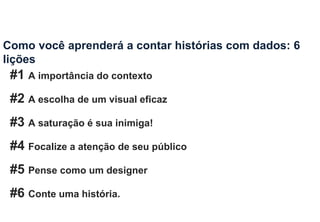 Como você aprenderá a contar histórias com dados: 6
lições
#1 A importância do contexto
#2 A escolha de um visual eficaz
#3 A saturação é sua inimiga!
#4 Focalize a atenção de seu público
#5 Pense como um designer
#6 Conte uma história.
 