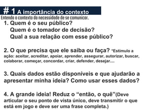 1. Quem é o seu público?
Quem é o tomador de decisão?
Qual a sua relação com esse público?
2. O que precisa que ele saiba ou faça? *Estímulo a
ação: aceitar, acreditar, apoiar, aprender, assegurar, autorizar, buscar,
colaborar, começar, concordar, criar, defender, desejar....
3. Quais dados estão disponíveis e que ajudarão a
apresentar minha ideia? Como usar esses dados?
4. A grande ideia! Reduz o “então, o quê”(Deve
articular o seu ponto de vista único, deve transmitir o que
está em jogo e deve ser uma frase completa.)
# 1 A importância do contexto
Entenda ocontexto danecessidade desecomunicar.
 