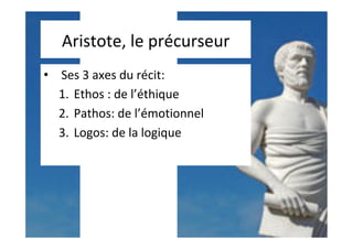 Aristote,	le	précurseur	
•  Ses	3	axes	du	récit:	
1.  Ethos	:	de	l’éthique	
2.  Pathos:	de	l’émotionnel	
3.  Logos:	de	la	logique	
 