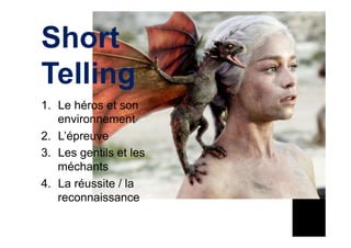 Short
Telling
1.  Le héros et son
environnement
2.  L’épreuve
3.  Les gentils et les
méchants
4.  La réussite / la
reconnaissance
 