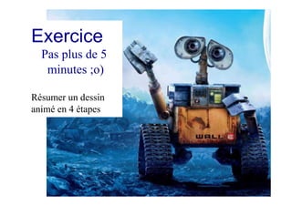 Exercice
Pas plus de 5
minutes ;o)
Résumer un dessin
animé en 4 étapes
 