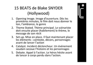 15	BEATS	de	Blake	SNYDER	
(Hollywood)	
1.  Opening	Image.	Image	d’ouverture.	Dès	les	
premières	minutes,	le	film	doit	nous	donner	le	
ton,	l’ambiance,	le	genre	
2.  Theme	Stated.	Thème	principal.	Le	scénariste	
doit	ensuite	placer	(habilement)	le	thème,	le	
message	de	son	récit	
3.  Set-up.	Mise	en	place.	Il	faut	maintenant	placer	
les	éléments	:	contexte,	décors,	personnages	
avant	de	lancer	l’action	
4.  Catalyst.	Incident	déclencheur.	Un	événement	
soudain	secoue	l’histoire	et	les	personnages	
5.  Debate.	Appel	à	l’action.	Le	héros	hésite	avant	
de	lancer	à	corps	perdu	dans	l’action.	
 