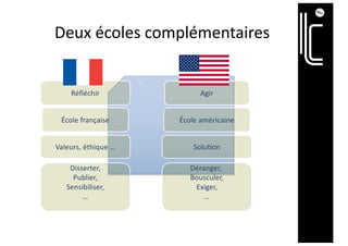 Deux écoles complémentaires
Agir
Réfléchir
Valeurs, éthique …
École française
Disserter,
Publier,
Sensibiliser,
…
Solu=on
École américaine
Déranger,
Bousculer,
Exiger,
…
 