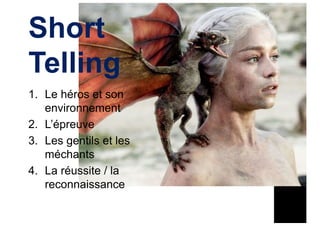Short
Telling
1. Le héros et son
environnement
2. L’épreuve
3. Les gentils et les
méchants
4. La réussite / la
reconnaissance
 