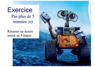 Exercice
Pas plus de 5
minutes ;o)
Résumer un dessin
animé en 4 étapes
 