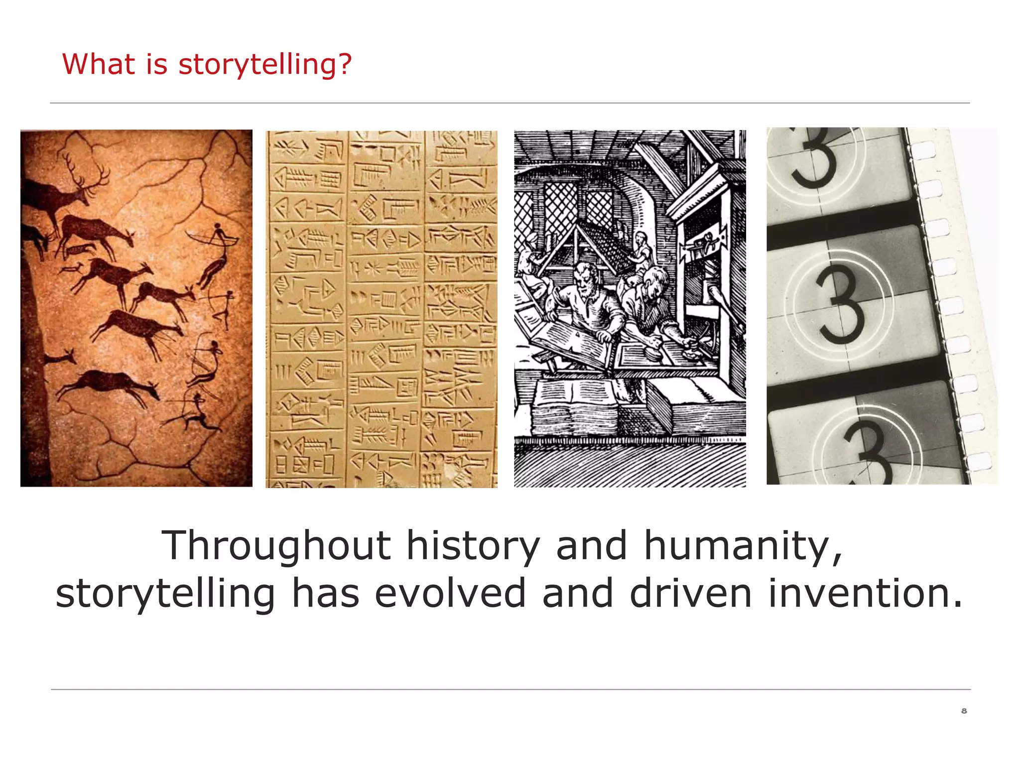What is storytelling? Throughout history and humanity,  storytelling has evolved and driven invention. 