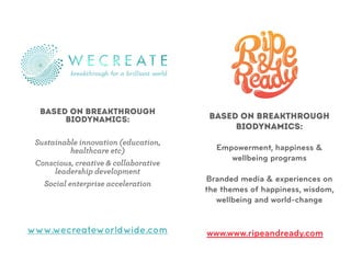 BASED ON BREAKTHROUGH
BIODYNAMICS:
!
Sustainable innovation (education,
healthcare etc)
Conscious, creative & collaborative
leadership development
Social enterprise acceleration
www.wecreateworldwide.com
Based on Breakthrough
Biodynamics:
!
Empowerment, happiness &
wellbeing programs
!
Branded media & experiences on
the themes of happiness, wisdom,
wellbeing and world-change
www.www.ripeandready.com
 