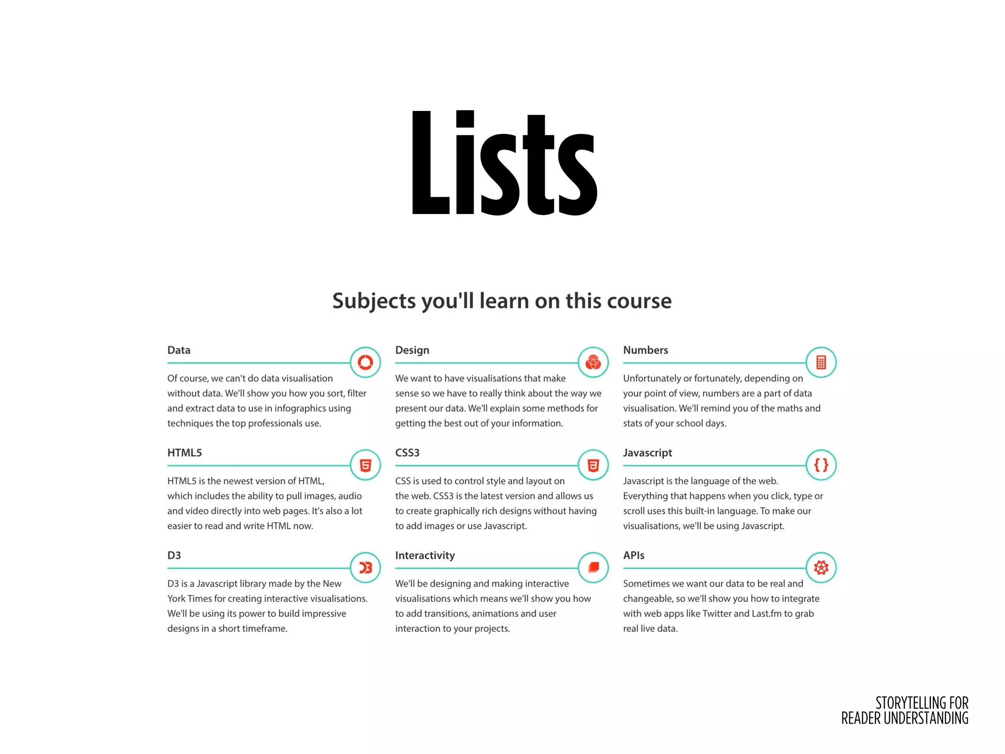 STORYTELLING FOR
READER UNDERSTANDING
Lists
 