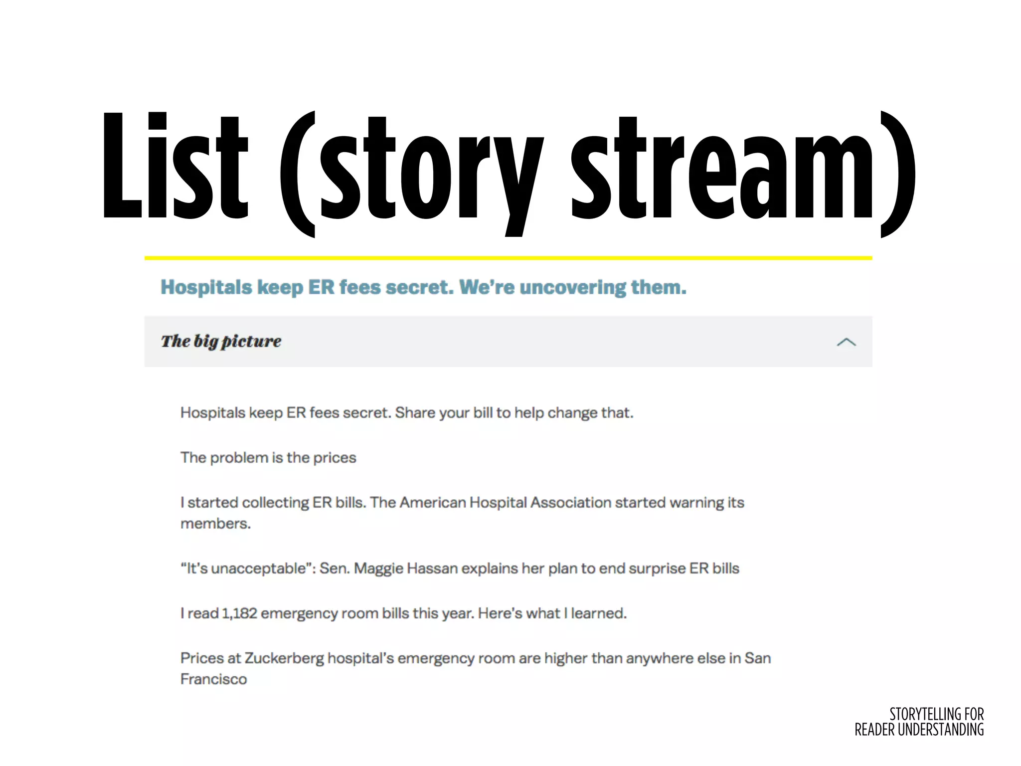 STORYTELLING FOR
READER UNDERSTANDING
List (story stream)
 