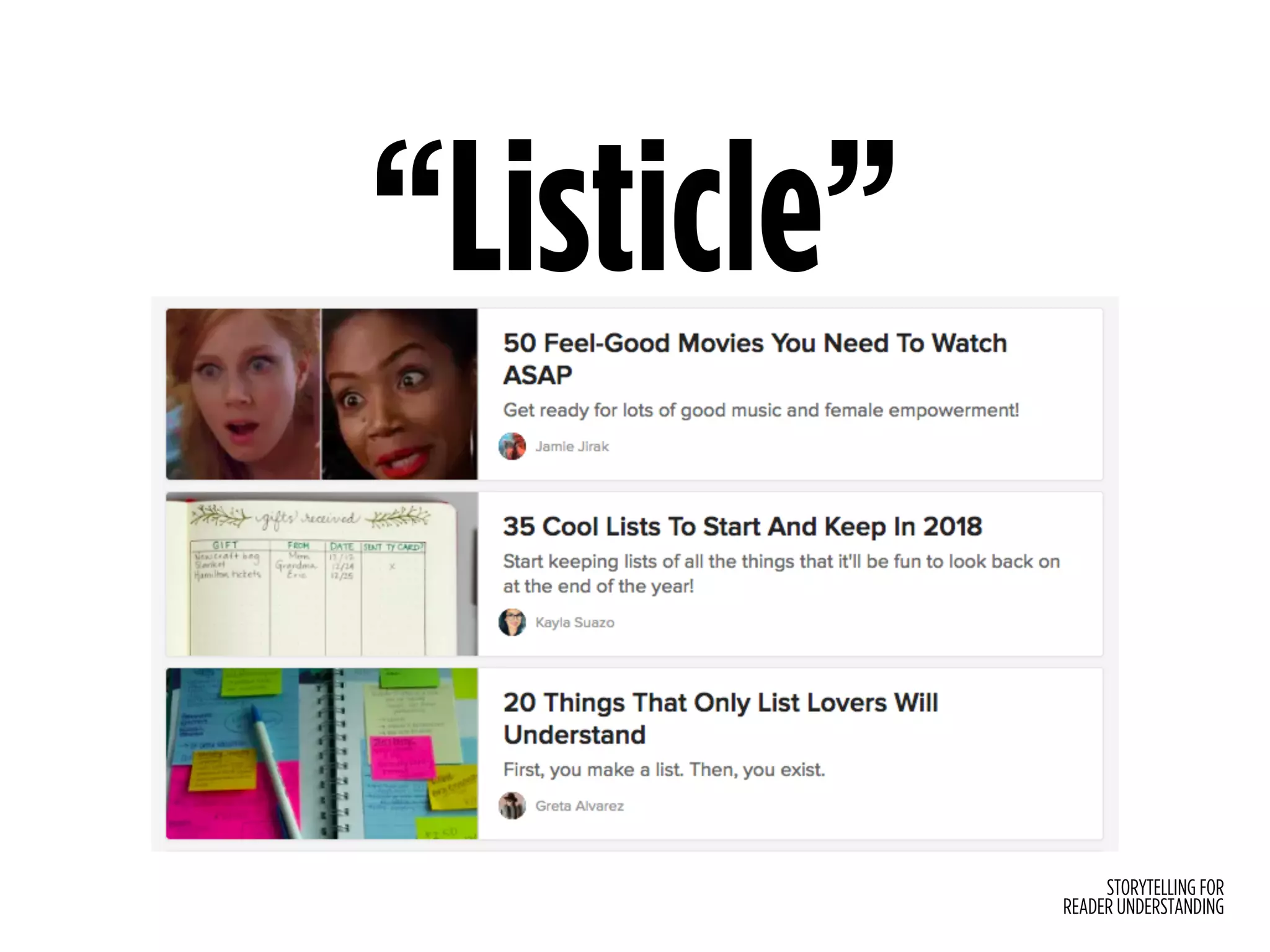 STORYTELLING FOR
READER UNDERSTANDING
“Listicle”
 