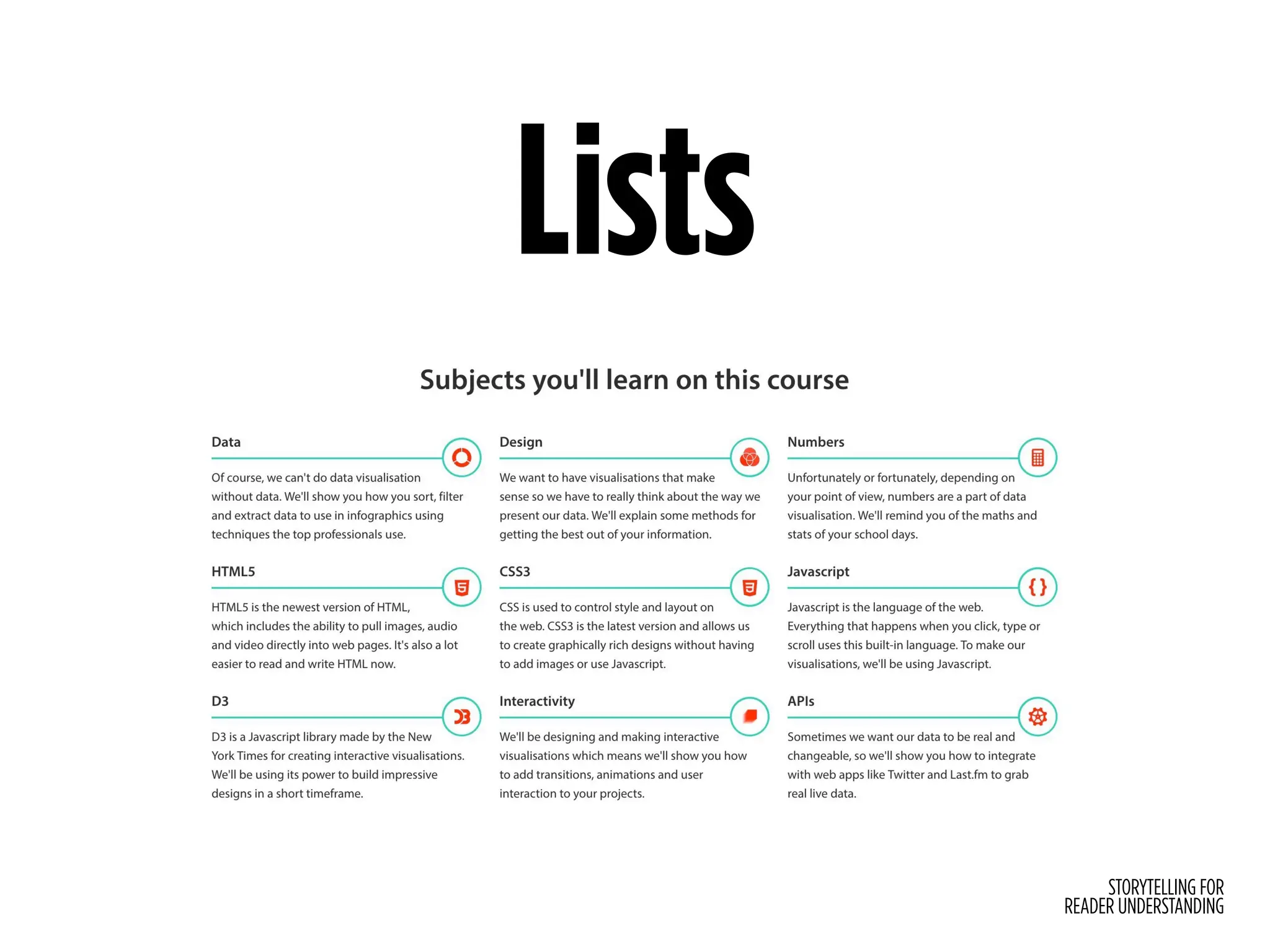 STORYTELLING FOR
READER UNDERSTANDING
Lists
 