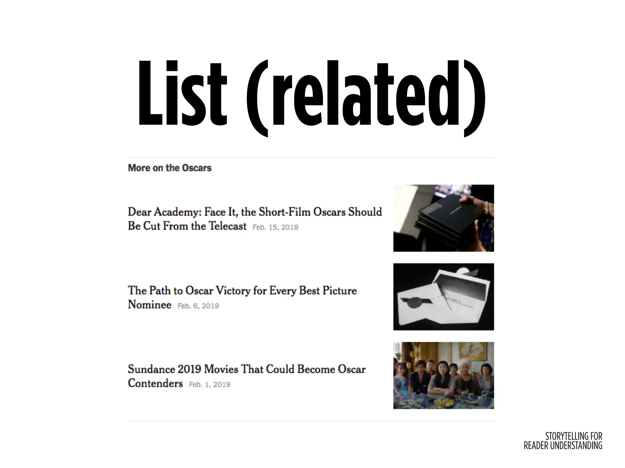 STORYTELLING FOR
READER UNDERSTANDING
List (related)
 