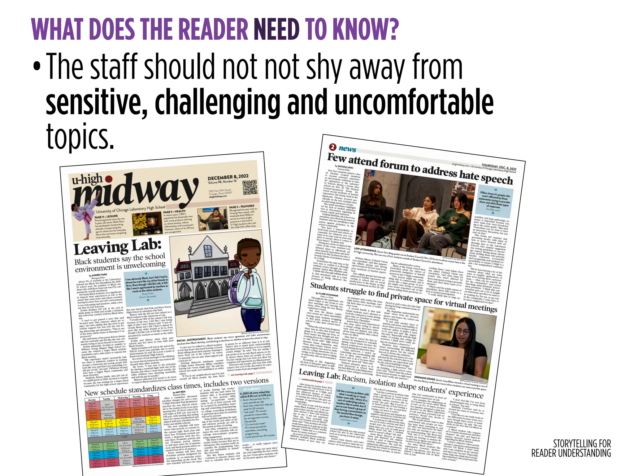 STORYTELLING FOR
READER UNDERSTANDING
WHAT DOES THE READER NEED TO KNOW?
•The staff should not not shy away from
sensitive, challenging and uncomfortable
topics.
 