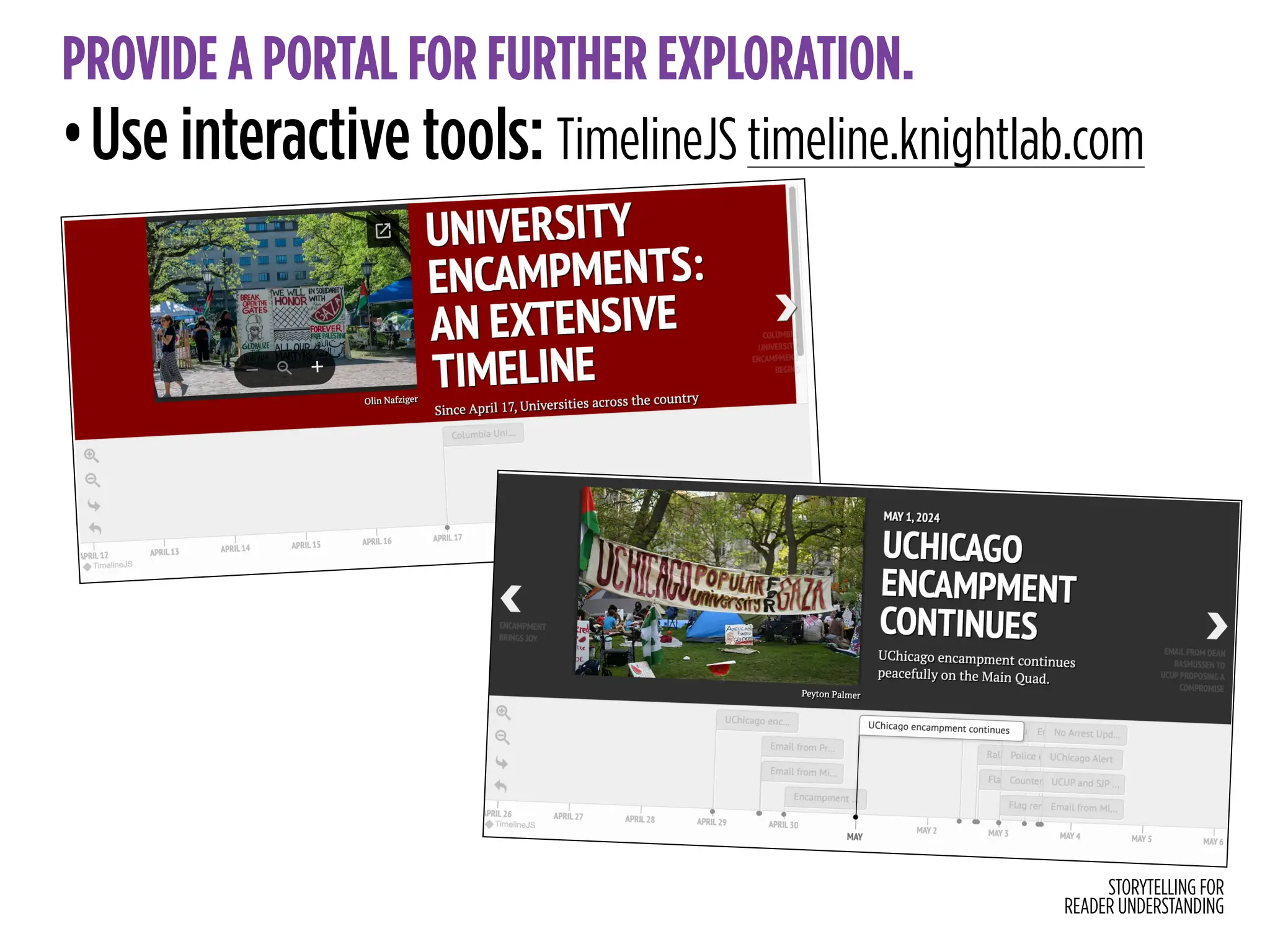 STORYTELLING FOR
READER UNDERSTANDING
PROVIDE A PORTAL FOR FURTHER EXPLORATION.
•Use interactive tools: TimelineJS timeline.knightlab.com
 