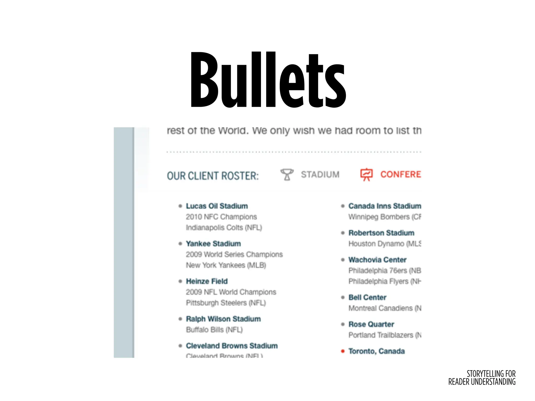 STORYTELLING FOR
READER UNDERSTANDING
Bullets
 