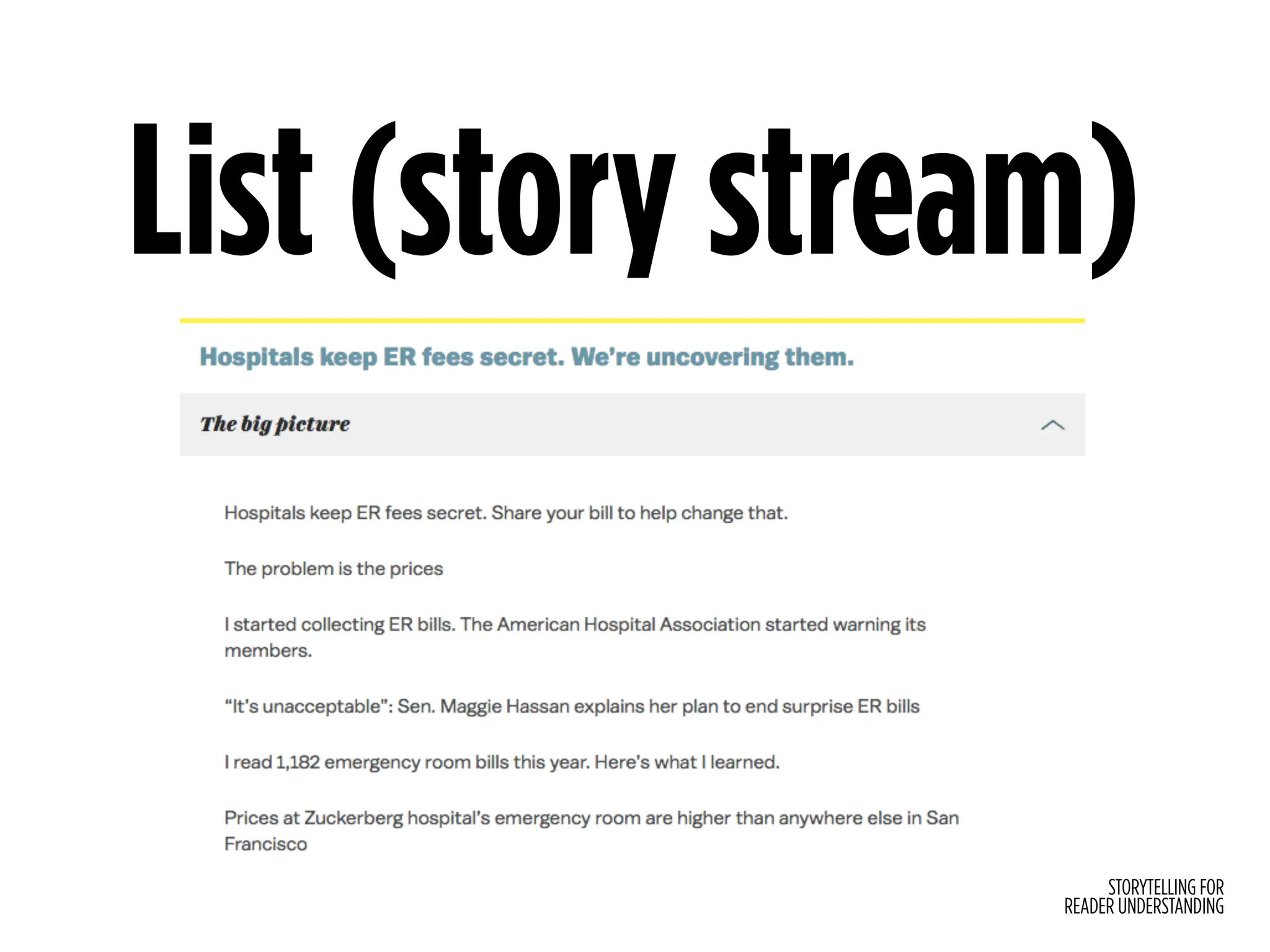 STORYTELLING FOR
READER UNDERSTANDING
List (story stream)
 