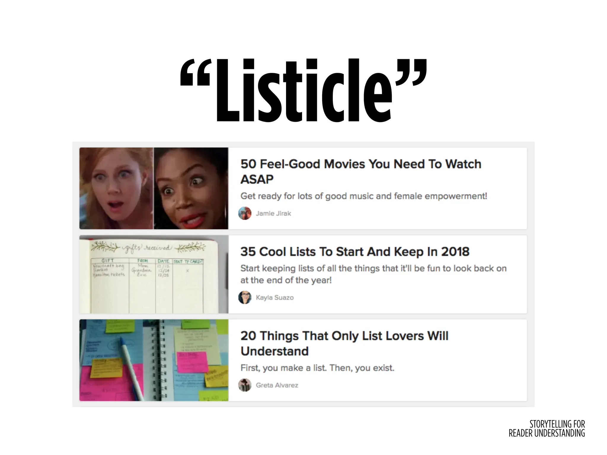 STORYTELLING FOR
READER UNDERSTANDING
“Listicle”
 