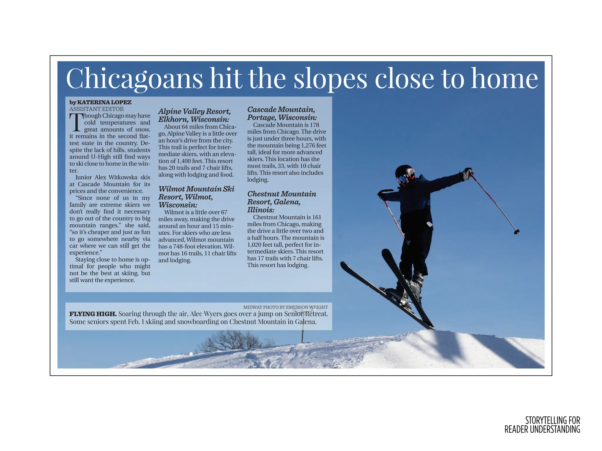 STORYTELLING FOR
READER UNDERSTANDING
a mile. “We blast music through
the whole run, so it’s pretty fun.”
To Donna, music is really per-
sonal. “I have some songs that will
really remind me of my passion for
swimming,but it’s also something
that really brings the team togeth-
er on bus rides, parties, practices
According to volleyball play-
er Sydney Rogers, music is an im-
portant method of getting the
crowd engaged.
“Sometimes volleyball can get a
little boring, especially if we’re not
playing well,” Sydney said. “I think
it gets them more involved like
so uses music to discourage and
scare the other team. “It’s always
intimidating when you see a bus
coming in jamming out to ‘One
Kiss’ by Dua Lipa and Mo Bamba
with the whole bus shaking and
the whole team screaming at the
top of their lungs.”
Morgan Park Academy Feb 4.
Acero Soto Feb. 7 39-21
Morgan Park Feb. 4 51-45
Catalyst Maria Jan. 25 44-30
Kelly Jan. 24 43-37
Fencing
Jonathan Liu, a freshman
sabre, placed second at the
Notable: The track and field
teams started their indoor-
season Jan. 14.
DeLaSalle Institute Inv. Feb. 3 Won
Proviso West Inv. Feb. 9 Won
–COMPILED BY NICKY EDWARDS-LEVIN
byKATERINALOPEZ
ASSISTANTEDITOR
T
hough Chicago may have
cold temperatures and
great amounts of snow,
it remains in the second flat-
test state in the country. De-
spite the lack of hills, students
around U-High still find ways
to ski close to home in the win-
ter.
Junior Alex Witkowska skis
at Cascade Mountain for its
prices and the convenience.
“Since none of us in my
family are extreme skiers we
don’t really find it necessary
to go out of the country to big
mountain ranges,” she said,
“so it’s cheaper and just as fun
to go somewhere nearby via
car where we can still get the
experience.”
Staying close to home is op-
timal for people who might
not be the best at skiing, but
still want the experience.
Alpine Valley Resort,
Elkhorn, Wisconsin:
About 64 miles from Chica-
go, AlpineValley is a little over
an hour’s drive from the city.
This trail is perfect for inter-
mediate skiers, with an eleva-
tion of 1,400 feet. This resort
has 20 trails and 7 chair lifts,
along with lodging and food.
Wilmot Mountain Ski
Resort, Wilmot,
Wisconsin:
Wilmot is a little over 67
miles away, making the drive
around an hour and 15 min-
utes. For skiers who are less
advanced,Wilmot mountain
has a 748-foot elevation.Wil-
mot has 16 trails, 11 chair lifts
and lodging.
Cascade Mountain,
Portage, Wisconsin:
Cascade Mountain is 178
miles from Chicago. The drive
is just under three hours, with
the mountain being 1,276 feet
tall, ideal for more advanced
skiers. This location has the
most trails, 33, with 10 chair
lifts. This resort also includes
lodging.
Chestnut Mountain
Resort, Galena,
Illinois:
Chestnut Mountain is 161
miles from Chicago, making
the drive a little over two and
a half hours. The mountain is
1,020 feet tall, perfect for in-
termediate skiers. This resort
has 17 trails with 7 chair lifts.
This resort has lodging.
Chicagoans hit the slopes close to home
MIDWAY PHOTO BY EMERSON WRIGHT
FLYING HIGH. Soaring through the air, Alec Wyers goes over a jump on Senior Retreat.
Some seniors spent Feb. 1 skiing and snowboarding on Chestnut Mountain in Galena.
 