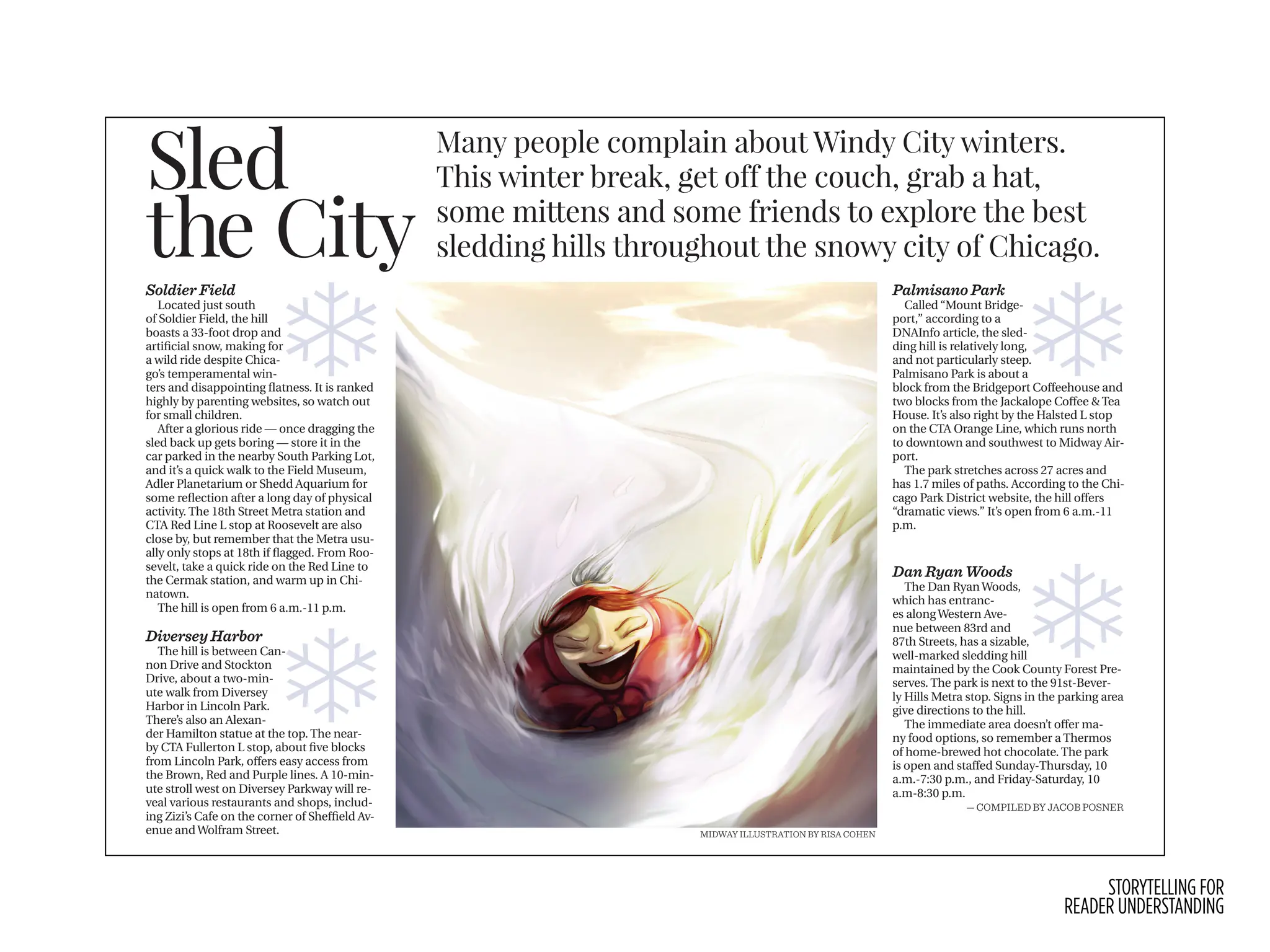 STORYTELLING FOR
READER UNDERSTANDING
teams. Unlike some of his peers
looking to stay in shape for their
oﬀ season, Zain said he has always
had an interest in staying fit, and
usually exercises here five days a
week.
While Zain said he appreciates
the convenience and familiarity of
the gym, he said he finds himself
is that working out is a great way to
release stress.
“I don’t think about school work
and friends and family, I’m just fo-
cusing on that. If I’m doing some
intense workout, the last thing I
want to think about is what home-
work I’m going to have to do,” she
said.
facility by a friend, said that the so-
cial aspect of exercise also makes
it easier.
“You’re trying to be better than
each other, or at least match each
other, and that can really motivate
you to do well. It doesn’t seem so
intense of a workout when you’re
Zain said over the echo of eager
voices in the stairwell. “When you
say, ‘I like going to the gym be-
cause it’s a social thing and it’s with
my friends,’ it’s really fun. It doesn’t
weigh on you as much.”
Though they have their own rea-
sons for exercising, Zain and Oliv-
one.
“As a piece of advice to kids who
don’t find the motivation to work
out, I would say that it’s open ev-
ery day, it’s free, and there’s a lot of
cool people that go,” Olivia said.“If
you have nothing else to do, then
you might as well.”
Sled
the City
Many people complain about Windy City winters.
This winter break, get off the couch, grab a hat,
some mittens and some friends to explore the best
sledding hills throughout the snowy city of Chicago.
Soldier Field
Located just south
of Soldier Field, the hill
boasts a 33-foot drop and
artificial snow, making for
a wild ride despite Chica-
go’s temperamental win-
ters and disappointing flatness. It is ranked
highly by parenting websites, so watch out
for small children.
After a glorious ride — once dragging the
sled back up gets boring — store it in the
car parked in the nearby South Parking Lot,
and it’s a quick walk to the Field Museum,
Adler Planetarium or Shedd Aquarium for
some reflection after a long day of physical
activity. The 18th Street Metra station and
CTA Red Line L stop at Roosevelt are also
close by, but remember that the Metra usu-
ally only stops at 18th if flagged. From Roo-
sevelt, take a quick ride on the Red Line to
the Cermak station, and warm up in Chi-
natown.
The hill is open from 6 a.m.-11 p.m.
Diversey Harbor
The hill is between Can-
non Drive and Stockton
Drive, about a two-min-
ute walk from Diversey
Harbor in Lincoln Park.
There’s also an Alexan-
der Hamilton statue at the top. The near-
by CTA Fullerton L stop, about five blocks
from Lincoln Park, oﬀers easy access from
the Brown, Red and Purple lines. A 10-min-
ute stroll west on Diversey Parkway will re-
veal various restaurants and shops, includ-
ing Zizi’s Cafe on the corner of Sheﬃeld Av-
enue andWolfram Street.
Palmisano Park
Called “Mount Bridge-
port,” according to a
DNAInfo article, the sled-
ding hill is relatively long,
and not particularly steep.
Palmisano Park is about a
block from the Bridgeport Coﬀeehouse and
two blocks from the Jackalope Coﬀee & Tea
House. It’s also right by the Halsted L stop
on the CTA Orange Line, which runs north
to downtown and southwest to Midway Air-
port.
The park stretches across 27 acres and
has 1.7 miles of paths. According to the Chi-
cago Park District website, the hill oﬀers
“dramatic views.” It’s open from 6 a.m.-11
p.m.
Dan Ryan Woods
The Dan RyanWoods,
which has entranc-
es alongWestern Ave-
nue between 83rd and
87th Streets, has a sizable,
well-marked sledding hill
maintained by the Cook County Forest Pre-
serves. The park is next to the 91st-Bever-
ly Hills Metra stop. Signs in the parking area
give directions to the hill.
The immediate area doesn’t oﬀer ma-
ny food options, so remember a Thermos
of home-brewed hot chocolate. The park
is open and staﬀed Sunday-Thursday, 10
a.m.-7:30 p.m., and Friday-Saturday, 10
a.m-8:30 p.m.
— COMPILED BY JACOB POSNER
MIDWAY ILLUSTRATION BY RISA COHEN
 