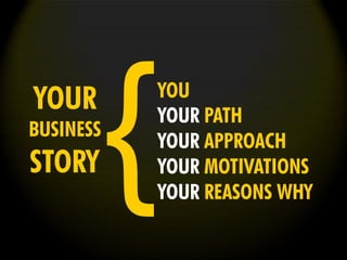 YOU
YOUR PATH
YOUR APPROACH
YOUR MOTIVATIONS
YOUR REASONS WHY
{YOUR
BUSINESS
STORY
 