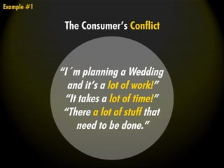 “I´m planning a Wedding
and it’s a lot of work!”
“It takes a lot of time!”
“There a lot of stuff that
need to be done.”
The Consumer’s Conflict
Example #1
 