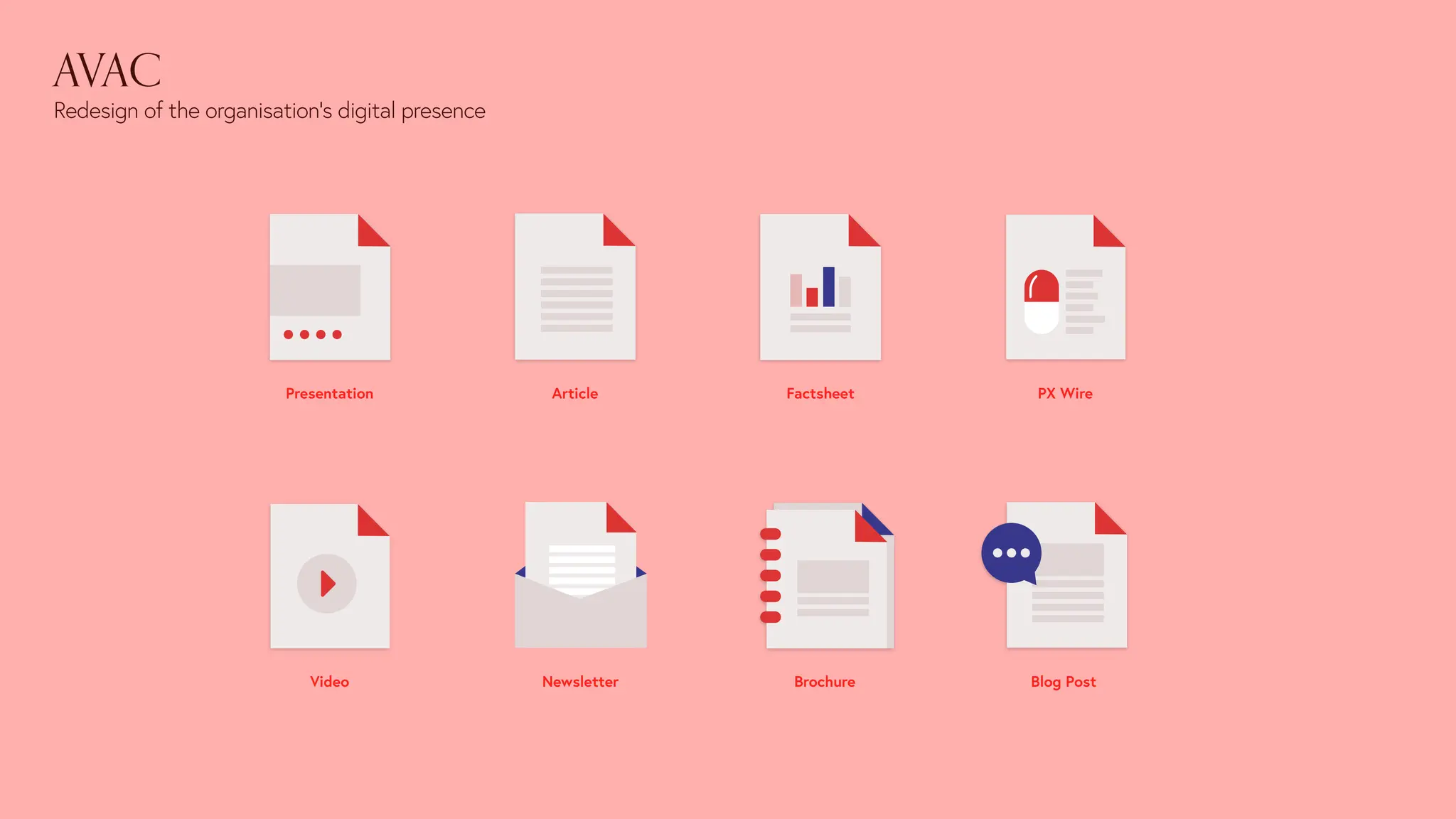 AVAC
Redesign of the organisation’s digital presence
Presentation Article Factsheet PX Wire
Video Newsletter Brochure Blog Post
 
