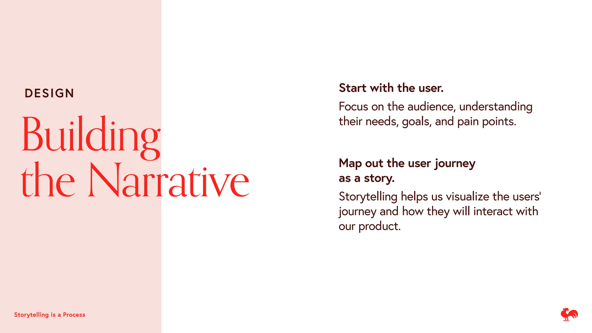Building
the Narrative
Start with the user.
Focus on the audience, understanding
their needs, goals, and pain points.
Storytelling is a Process
Map out the user journey
as a story.
Storytelling helps us visualize the users’
journey and how they will interact with
our product.
DESIGN
 